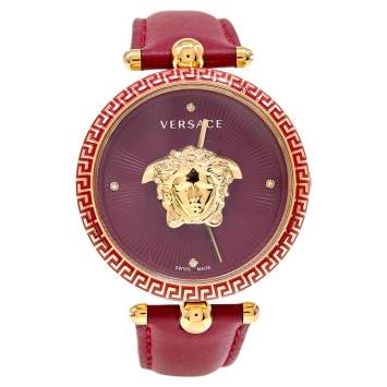 Pre Owned Versace Red Yellow Gold Plated Stainless Steel Leather Palazzo VCO120017 Women's Wristwatch 39 mm 