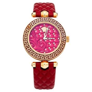 Pre Owned Versace Red Rose Gold Plated Stainless Steel Leather Vanitas VQM Women's Wristwatch 30 mm