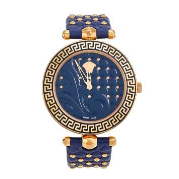 Pre Owned Versace Blue Rose Gold Plated Stainless Steel Leather Vanitas VK7 Women's Wristwatch 40 mm