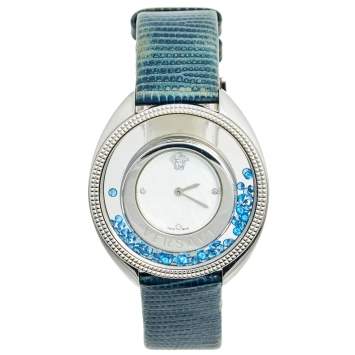 Pre Owned Versace Mother of Pearl Stainless Steel Leather Destiny Spirit VQO030015 Women's Wristwatch 39 mm