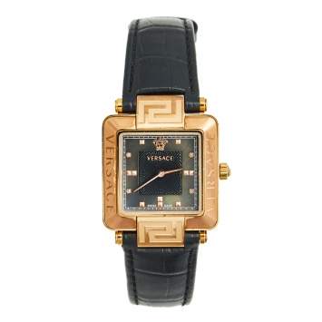 Pre Owned Versace Black Rose Gold Plated Stainless Steel Leather Reve Carre 88Q Women's Wristwatch 30 mm