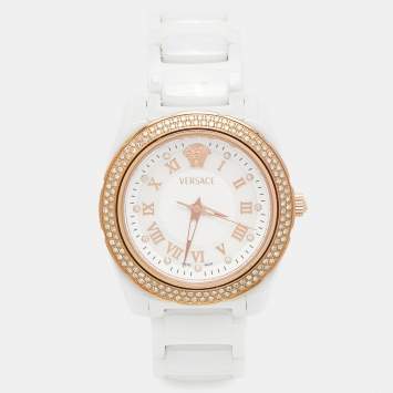 Pre Owned Versace White Mother Of Pearl Ceramic Diamond DV One 63QCP11 Women's Wristwatch 35 mm