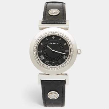 Pre Owned Versace Black Stainless Steel Leather Vanity P5Q Women's Wristwatch 35 mm