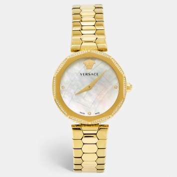 Pre Owned Versace Mother of Pearl Gold Plated Stainless Steel Idyia V17060017 Women's Wristwatch 36 mm
