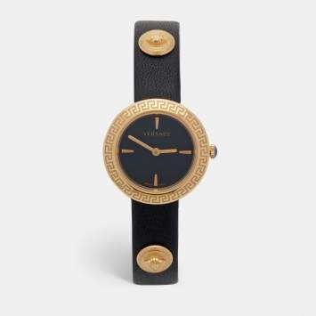 Pre Owned Versace Black Gold Plated Stainless Steel Leather Medusa Stud Icon VERF00318 Women's Wristwatch 28 mm