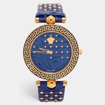 Pre Owned Versace Blue Rose Gold Plated Stainless Steel Leather Vanitas VK7040013 Women's Wristwatch 40 mm