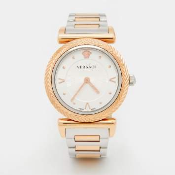 Pre Owned Versace Silver Two Tone Stainless Steel V-Motif VERE00718 Women's Wristwatch 35 mm