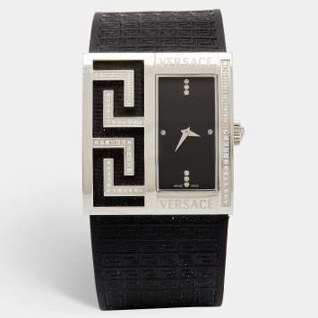 Pre Owned Versace Black Diamonds Stainless Steel Leather  V-Greca 64Q Women's Wristwatch 36 mm