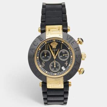 Pre Owned Versace Black Ceramic Gold Plated Steel Rubber Chronograph Reve 95C Women's Wristwatch 40 mm
