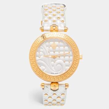 Pre Owned Versace Silver Rose Gold Plated Stainless Steel Leather Vanitas VK7 Women's Wristwatch 40 mm 