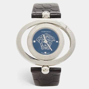 Pre Owned Versace Black Stainless Steel Leather Eon Ellipsis 91Q Women's Wristwatch 40 mm