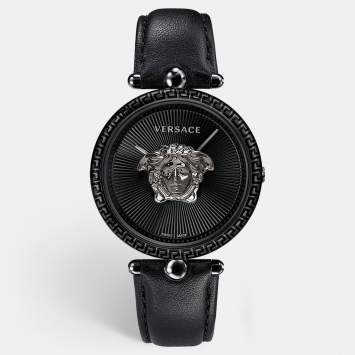 Pre Owned Versace Black PVD Coated Stainless Steel Leather Palazzo VCO050017 Women's Wristwatch 39 mm