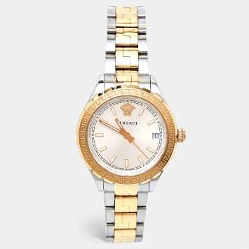 Pre Owned Versace Silver Two tone Stainless Steel Hellenyium V12030015 Women's Wristwatch 35 mm 