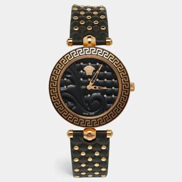 Pre Owned Versace Black Rose Gold Plated Stainless Steel Leather Vanitas VK703-0013 Women's Wristwatch 40 mm