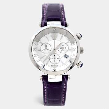 Pre Owned Versace Mother of Pearl Stainless Steel Leather Revive Chrono VAJ Women's Wristwatch 41 mm