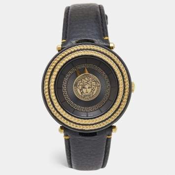 Pre Owned Versace Black Two Tone Stainless Steel Leather V-Metal Icon VQL03 0015 Unisex Wristwatch 46 mm 