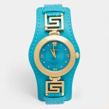 Pre Owned Versace Aqua Blue Rose Gold Plated Stainless Steel Leather V Signature VLA080014 Women's Wristwatch 35 mm