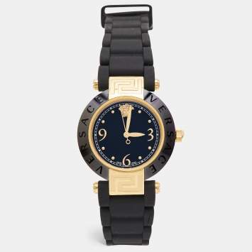 Pre Owned Versace Black Ceramic Gold Plated Steel Silicon Rubber Reve 92Q Women's Wristwatch 35 mm