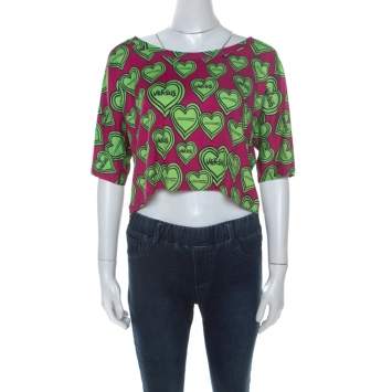 Pre Owned Versus Versace Pink and Green Heart Printed Jersey Crop Top M 