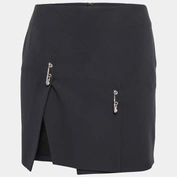 Pre Owned Versus Versace Black Crepe Logo Safety Pin Mini Skirt S