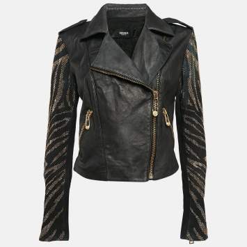 Pre Owned Versus Versace Embellished Leather Zip-Up Jacket M