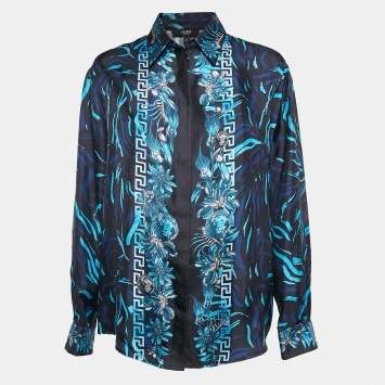 Pre Owned Versus Versace Black/Blue Baroque Print Silk Shirt L