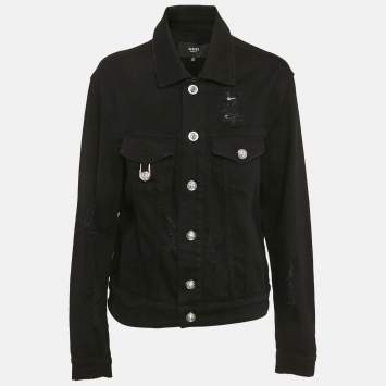 Versus Versace Black Distressed Denim Button Detail Jacket L