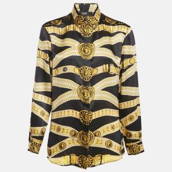 Versus Versace Black/Yellow Baroque Print Satin Silk Shirt M