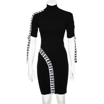 Pre Owned Versus Versace Black Rib Knit Logo Band Detail High Neck Bodycon Dress M