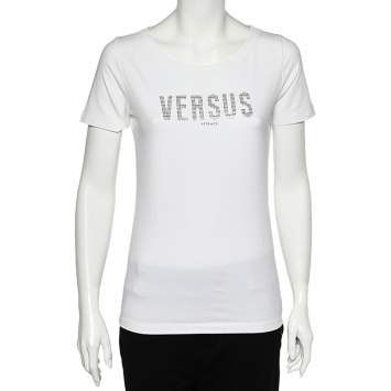Pre Owned Versus Versace White Logo Embellished Cotton Knit T-Shirt M