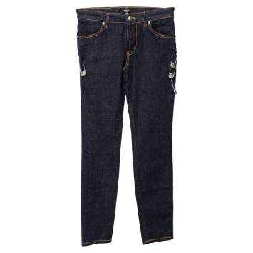 Pre Owned Versus Versace Navy Blue Denim Lion Head Pin Detail Skinny Jeans XS
