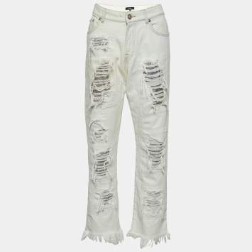 Pre Owned Versus Versace Cream Denim Distressed Jeans M