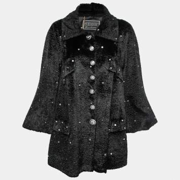 Pre Owned Versus Versace Vintage Black Rhinestone-Embellished Faux Fur Coat S