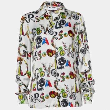 Pre Owned Versus Versace White Logo Printed Satin Shirt S