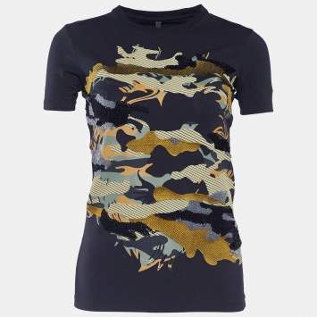 Pre Owned Versus Versace Black Sequined Jersey Camo Print T-Shirt XS