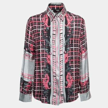 Pre Owned Versus Versace Pink & Grey Printed Silk Button Front Shirt M