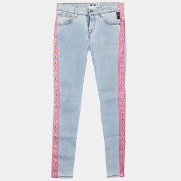 Pre Owned Versus Versace Blue Denim Logo Printed Side Strip Detail Slim Fit Jeans S Waist 28"