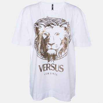 Pre Owned Versus Versace White Lion Head Printed Cotton Knit T-Shirt XL