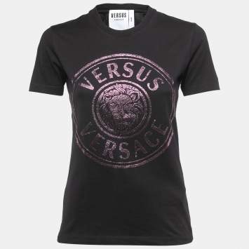 Pre Owned Versus Versace Black Contrast Logo Detail Cotton Crew Neck Half Sleeve T-Shirt S
