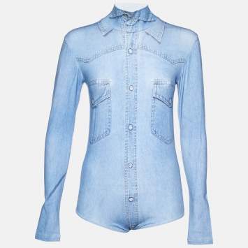 Pre Owned Vetements Blue Denim Print Cotton Long Sleeve Bodysuit S 