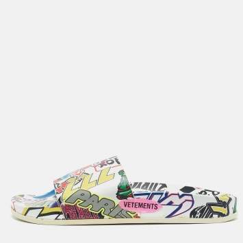 Pre Owned Vetements Multicolor Leather Sticker Pool Slide Flats Size 36