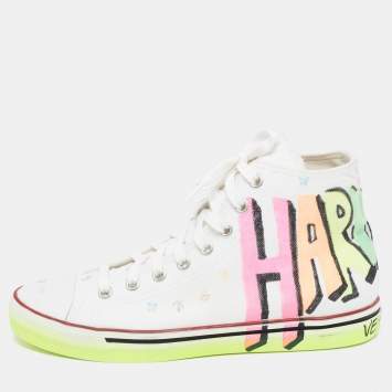 Pre Owned Vetements White Canvas Printed Hard Core Happiness High Top Sneakers Size 41
