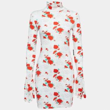 Pre Owned Vetements White Floral Print Jersey Bodycon Mini Dress With Golves M