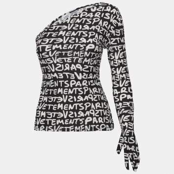 Pre Owned Vetements Monochrome All Over Logo Print Jersey One Shoulder Top S