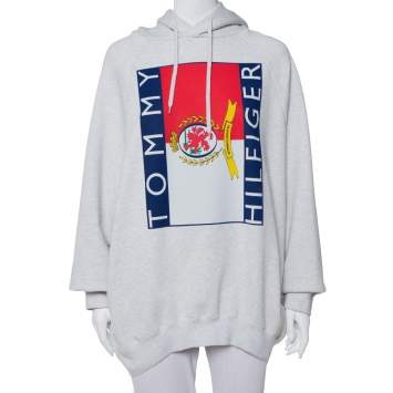 Pre Owned Vetements x Tommy Hilfiger Grey Logo Printed Knit Hooded Sweatshirt S