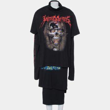 Pre Owned Vetements Black Skull Printed Cotton Layered Oversized T-Shirt Dress S