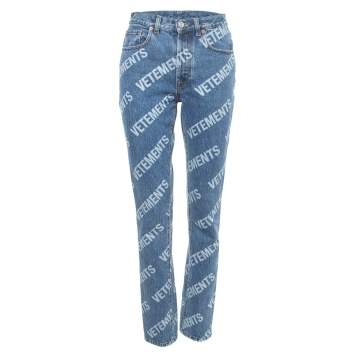 Pre Owned Vetements Blue All-Over Print Washed Denim Jeans S Waist 27"