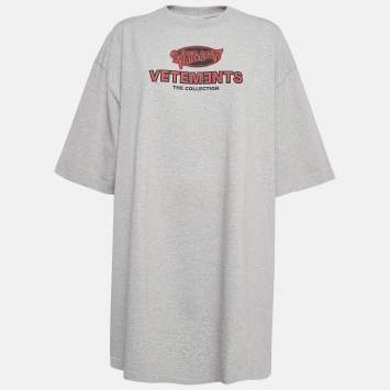 Pre Owned Vetements Grey Printed Cotton Side Slit Detail T-Shirt M