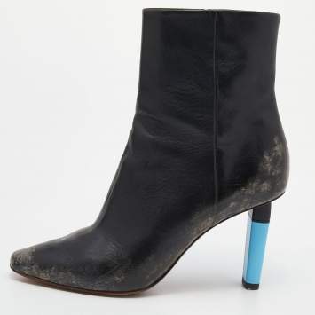 Pre Owned Vetements Black Leather Gypsy Blue Highlighter Heel Ankle Boots Size 39