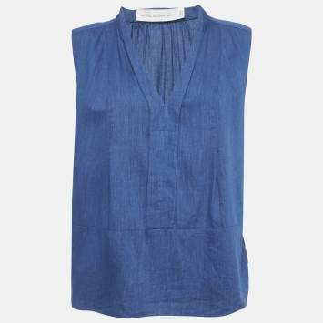 Pre Owned Victoria Beckham Jeans Blue Cotton V-Neck Sleeveless Blouse M